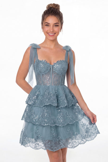Dusty Blue Lace Tulle Tiered Mini Dress - Front View