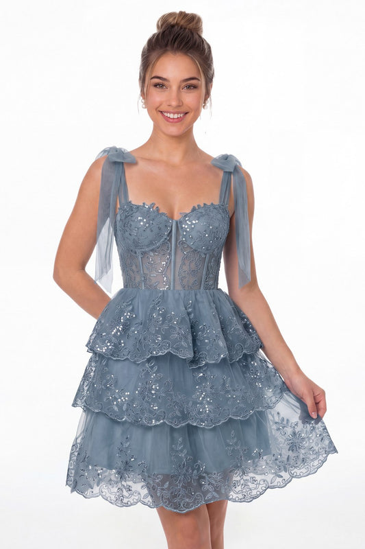 Dusty Blue Tiered Bow Tulle Lace Mini Homecoming Dress - Front View