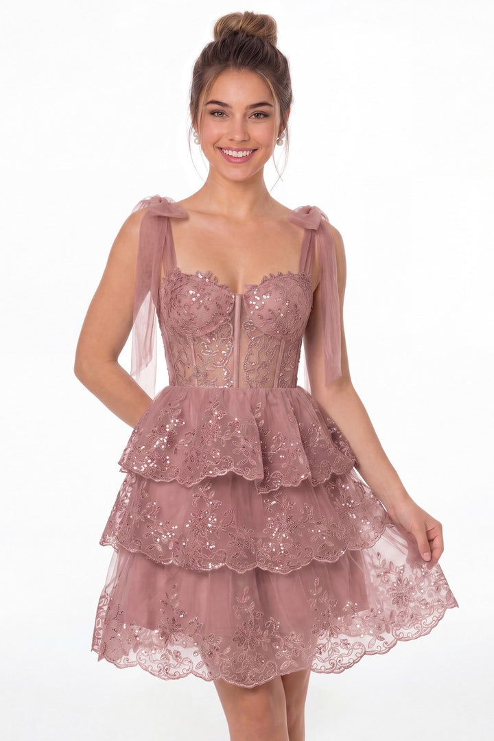 Dusty Rose Lace Tulle Tiered Mini Dress - Front View