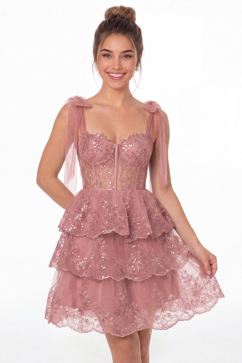 Dusty Rose Tiered Bow Tulle Lace Mini Homecoming Dress - Front View