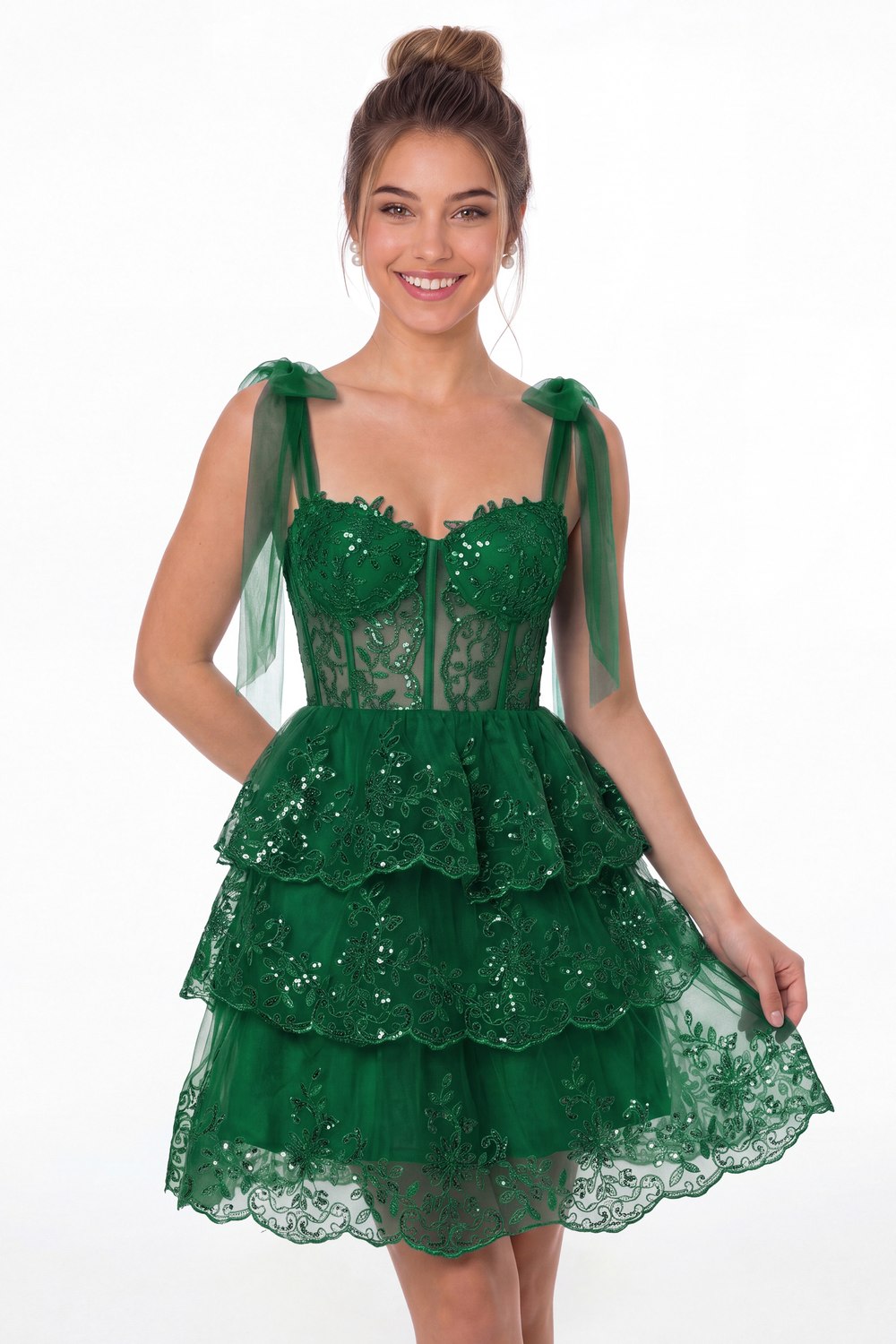 Emerald Green Lace Tulle Tiered Mini Dress - Front View