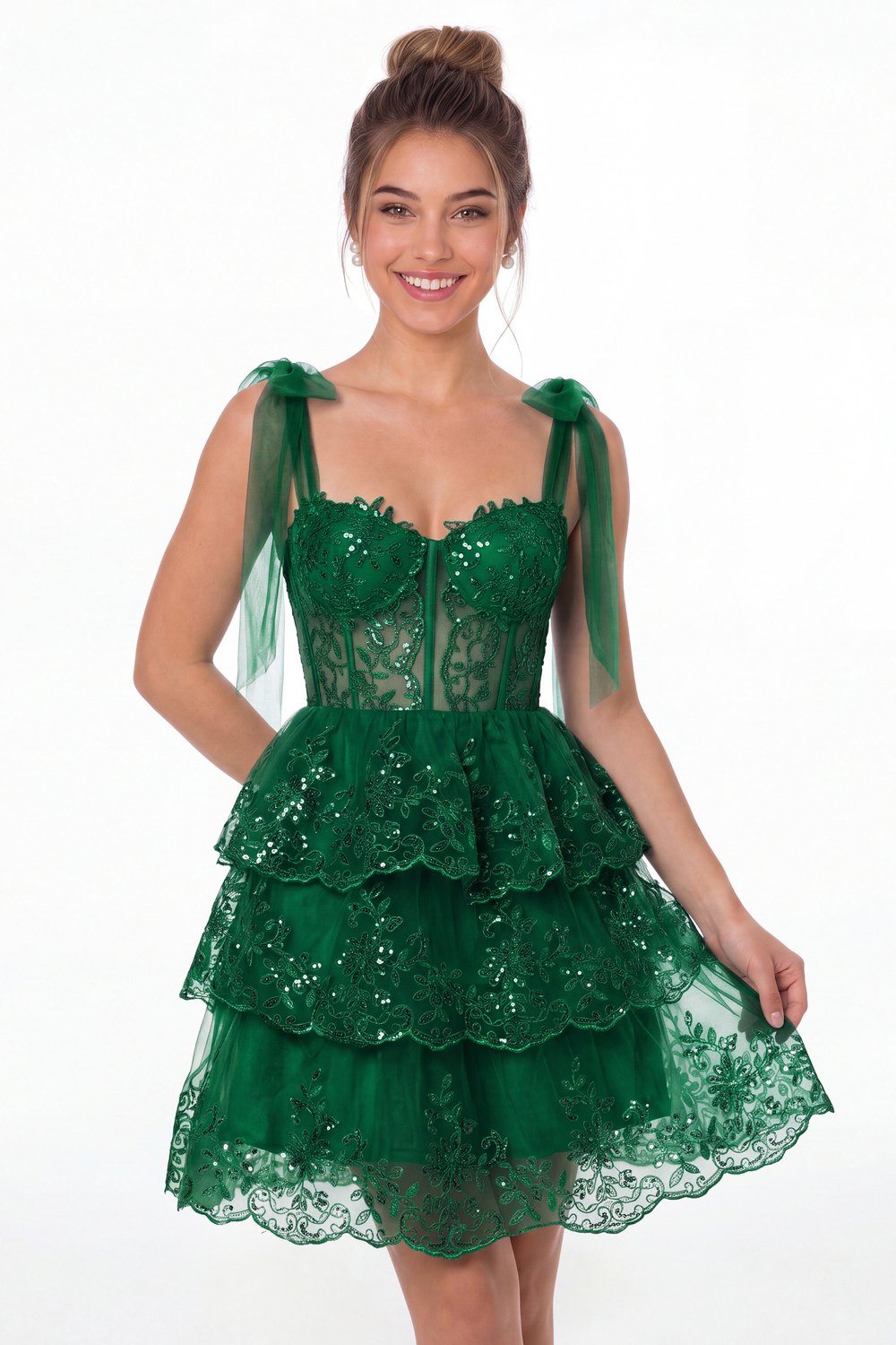 Emerald Green Tiered Bow Tulle Lace Mini Homecoming Dress - Front View