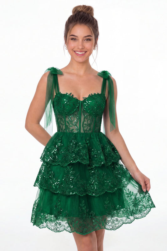 Emerald Green Tiered Bow Tulle Lace Mini Homecoming Dress - Front View