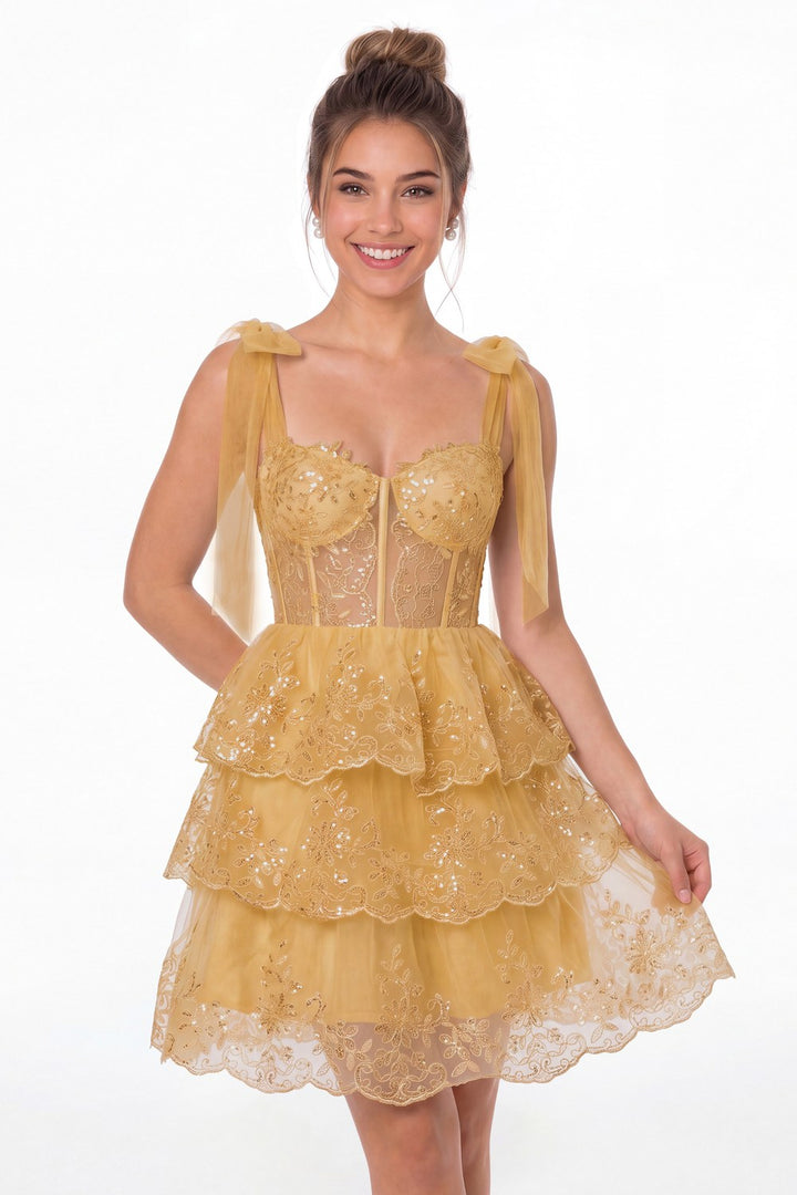 Gold Lace Tulle Tiered Mini Dress - Front View