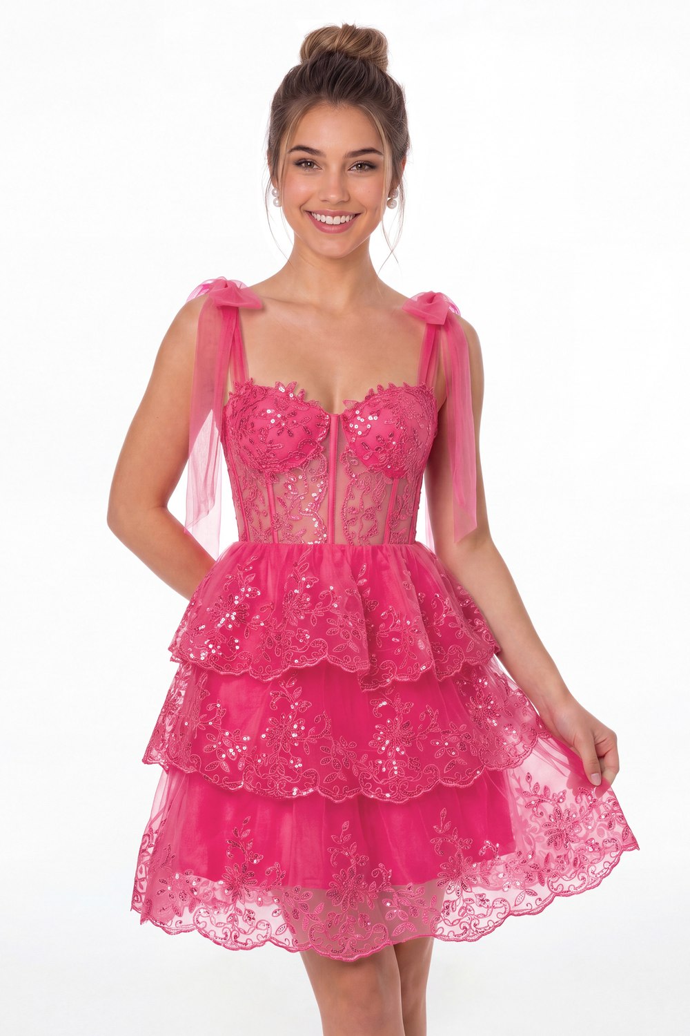 Hot Pink Lace Tulle Tiered Mini Dress - Front View