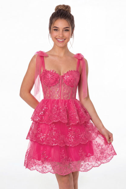 Hot Pink Lace Tulle Tiered Mini Dress - Front View
