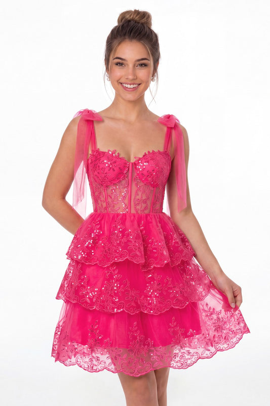 Hot Pink Tiered Bow Tulle Lace Mini Homecoming Dress - Front View