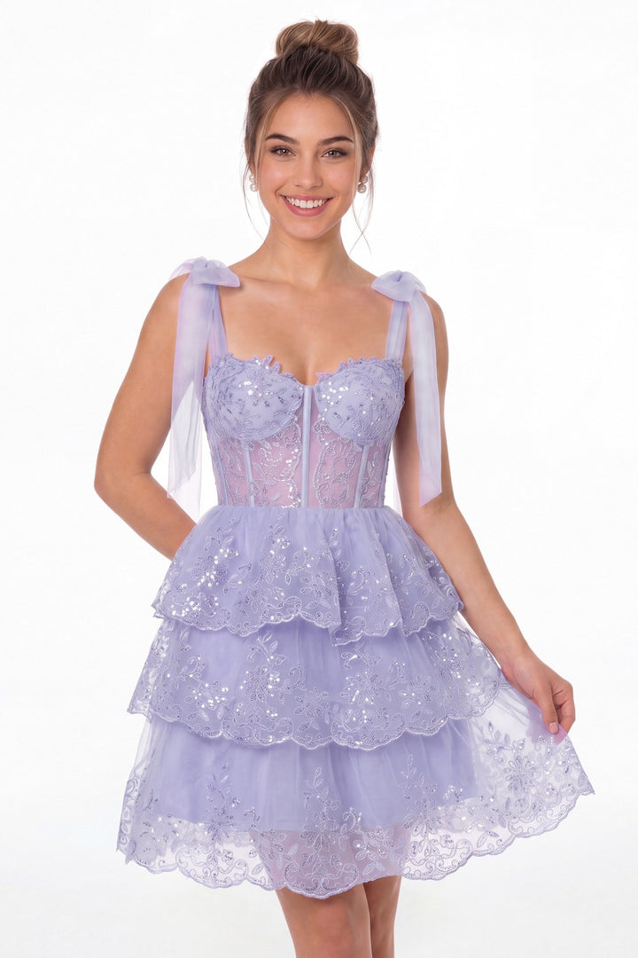Lavender Lace Tulle Tiered Mini Dress - Front View