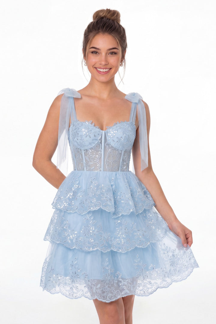 Light Blue Lace Tulle Tiered Mini Dress - Front View