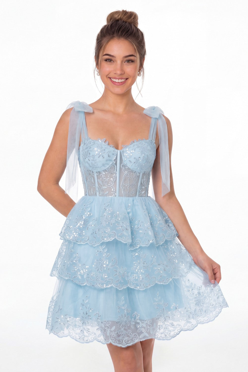 Light Blue Tiered Bow Tulle Lace Mini Homecoming Dress - Front View