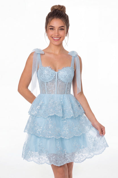 Light Blue Tiered Bow Tulle Lace Mini Homecoming Dress - Front View