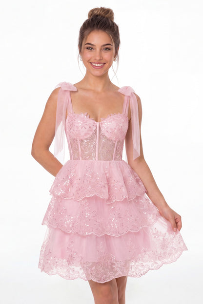 Light Pink Lace Tulle Tiered Mini Dress - Front View