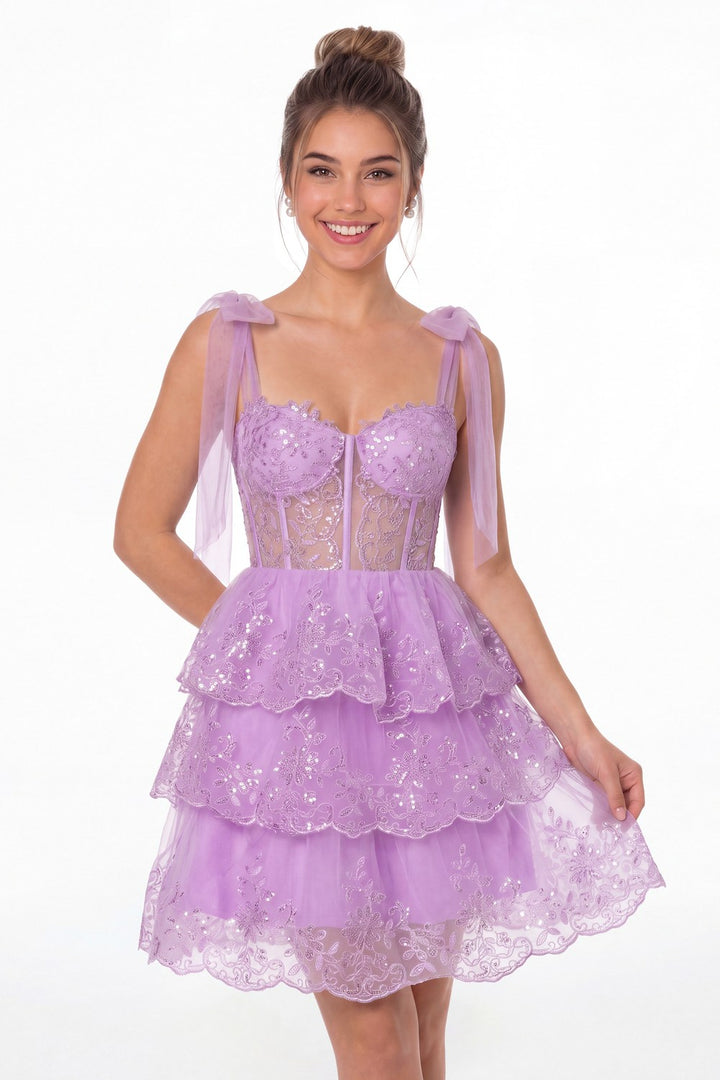 Lilac Lace Tulle Tiered Mini Dress - Front View