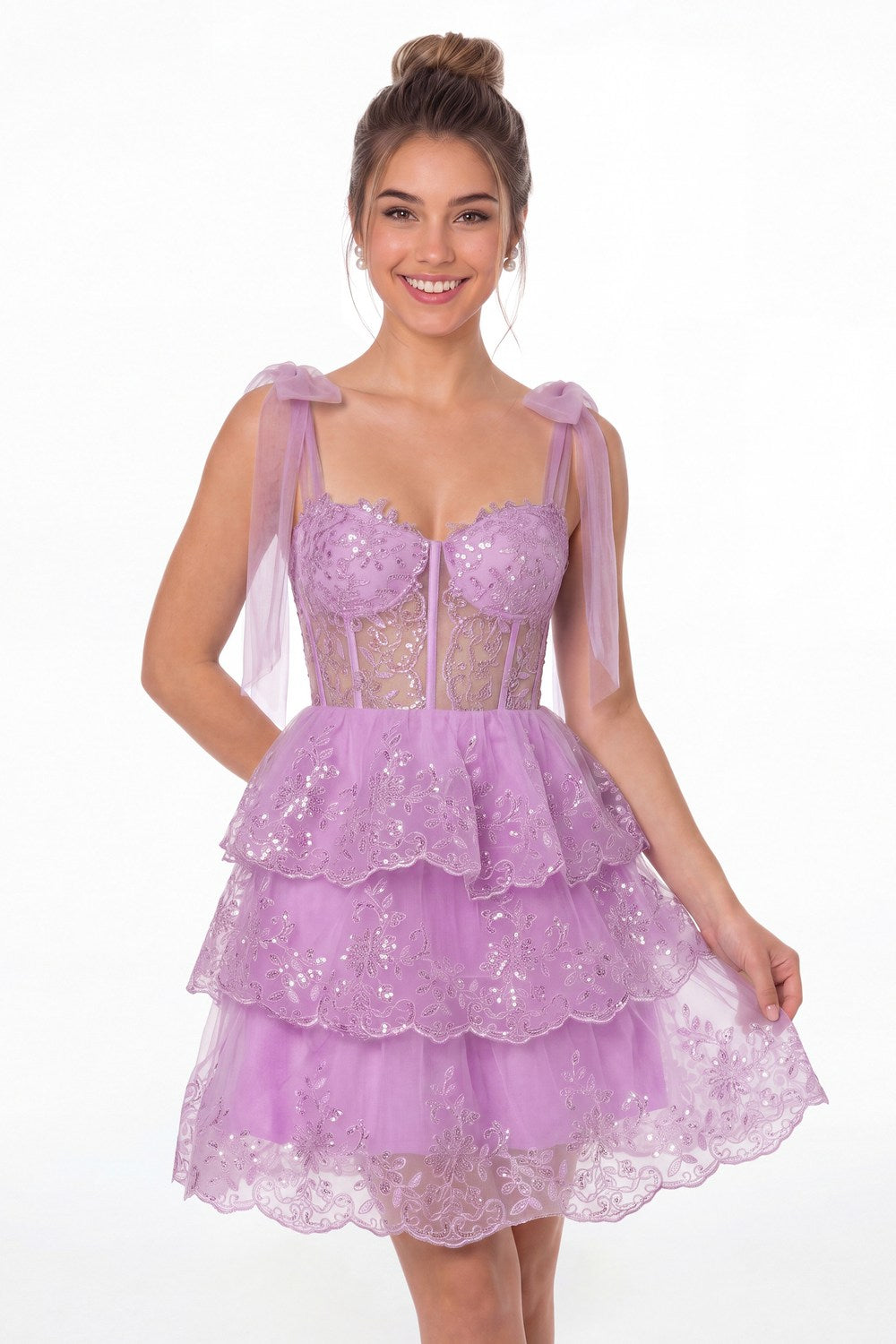 Lilac Tiered Bow Tulle Lace Mini Homecoming Dress - Front View