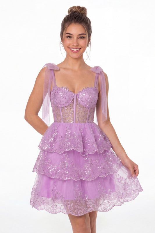 Lilac Tiered Bow Tulle Lace Mini Homecoming Dress - Front View