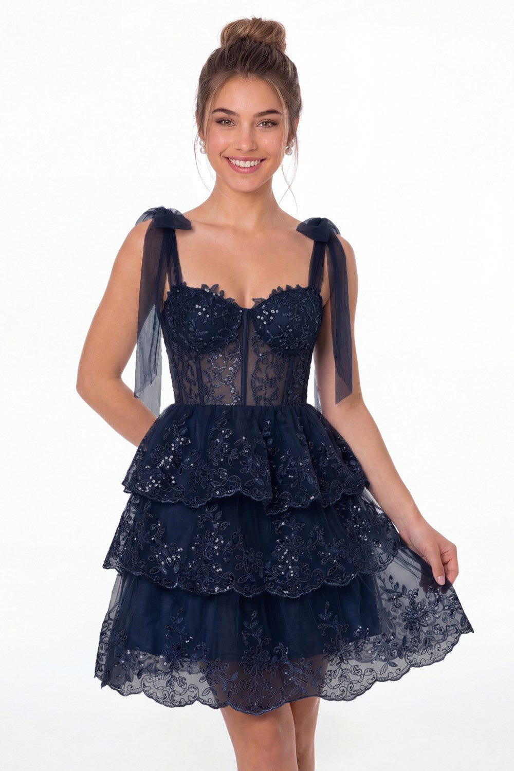Navy Blue Lace Tulle Tiered Mini Dress - Front View