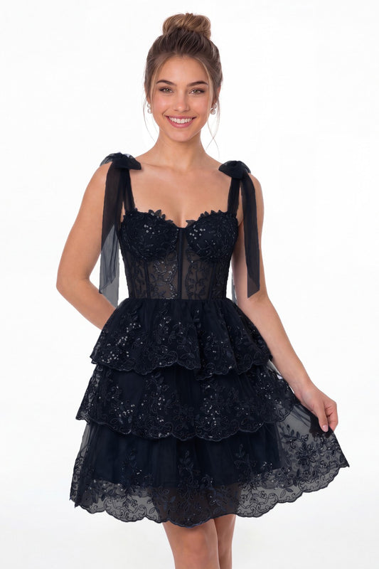 Navy Blue Tiered Bow Tulle Lace Mini Homecoming Dress - Front View