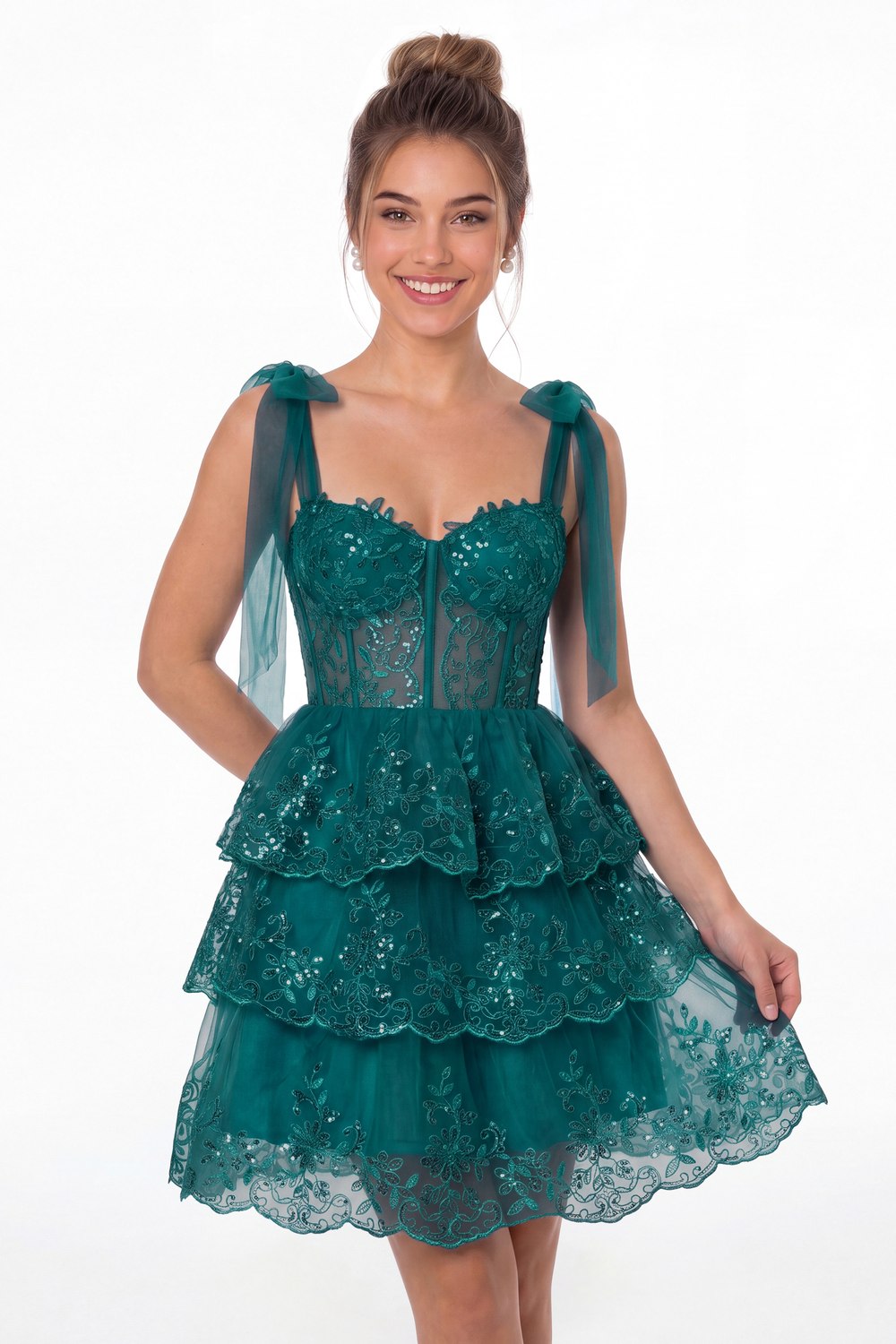 Peacock Lace Tulle Tiered Mini Dress - Front View