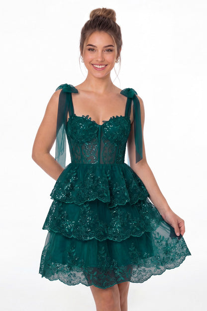 Peacock Tiered Bow Tulle Lace Mini Homecoming Dress - Front View