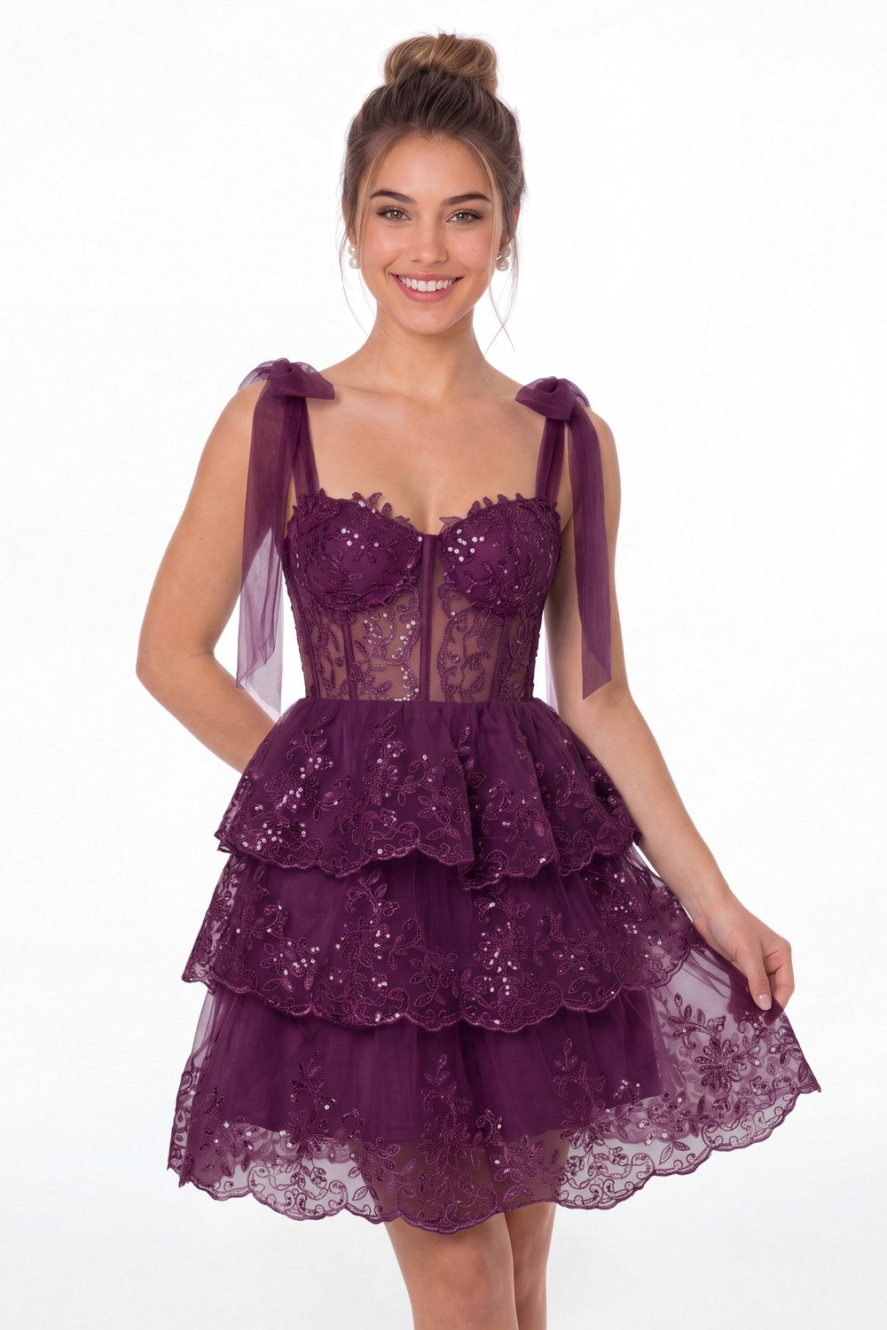 Plum Lace Tulle Tiered Mini Dress - Front View