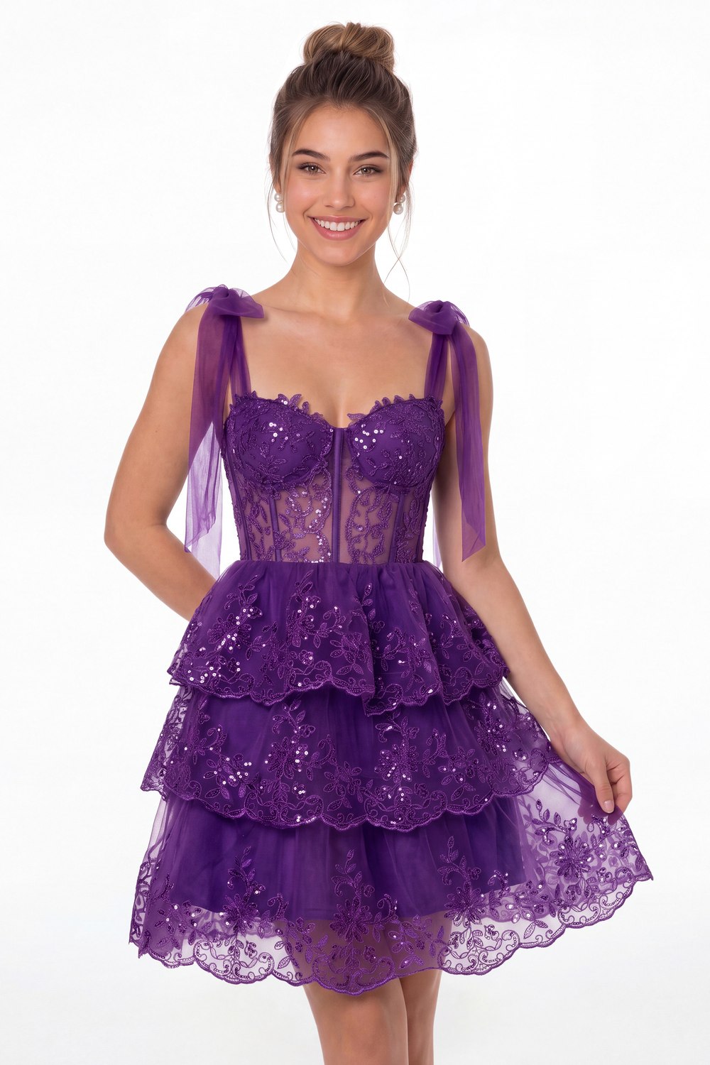 Purple Lace Tulle Tiered Mini Dress - Front View