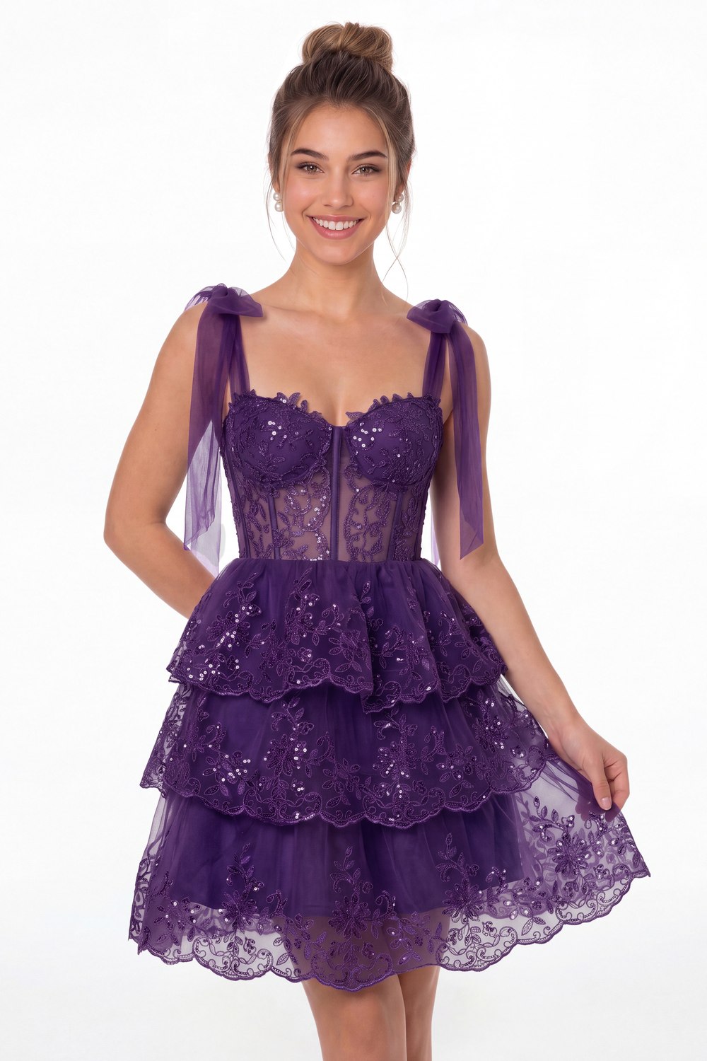 Purple Tiered Bow Tulle Lace Mini Homecoming Dress - Front View