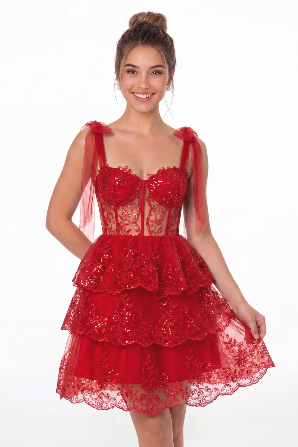 Red Lace Tulle Tiered Mini Dress - Front View