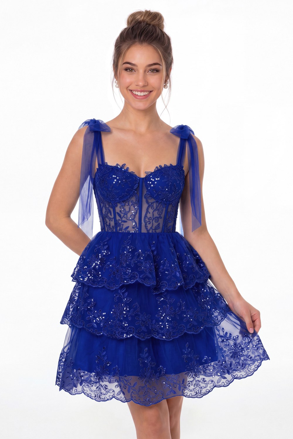 Royal Blue Lace Tulle Tiered Mini Dress - Front View