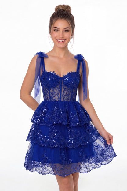 Royal Blue Lace Tulle Tiered Mini Dress - Front View