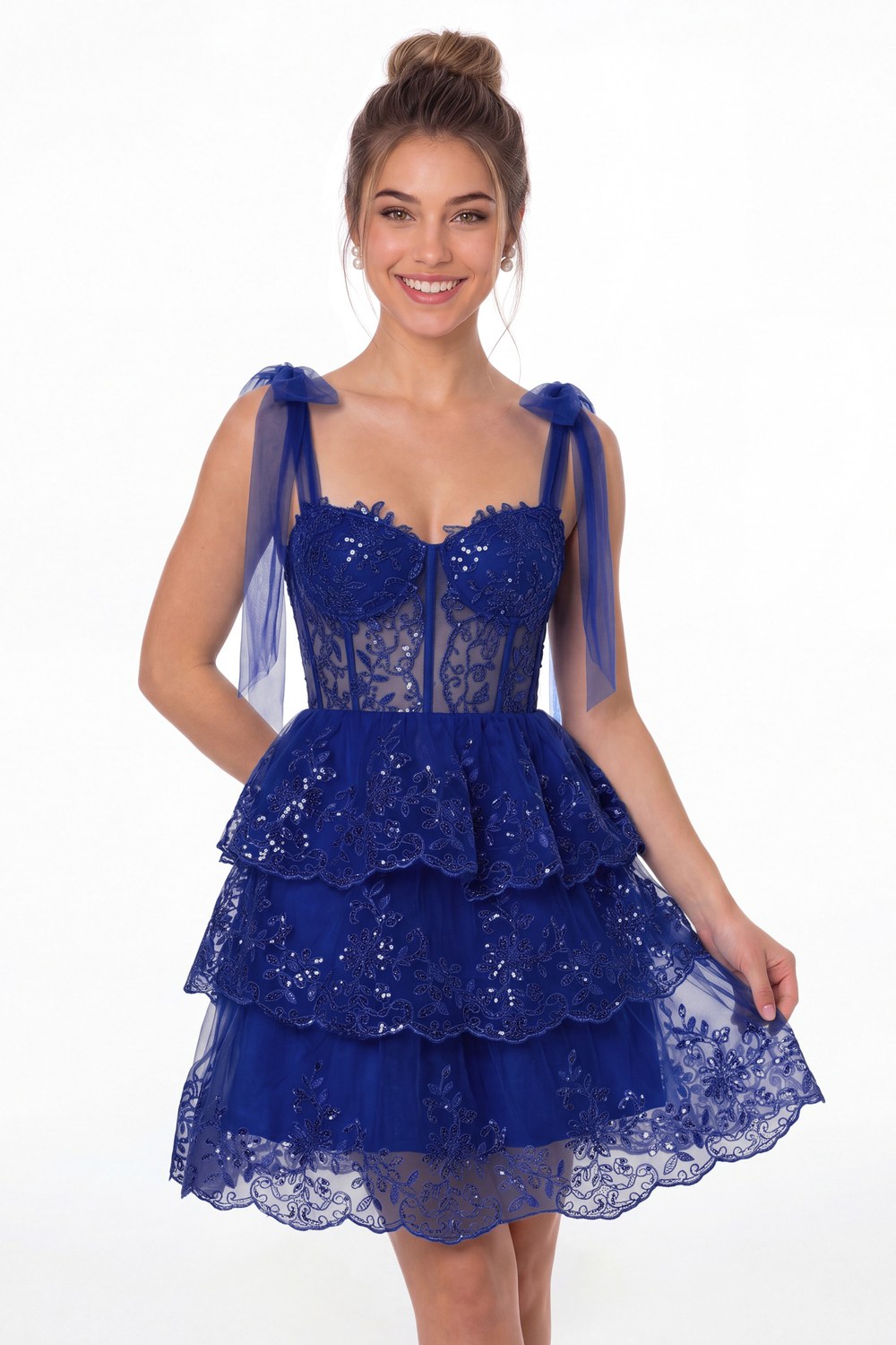 Royal Blue Tiered Bow Tulle Lace Mini Homecoming Dress - Front View