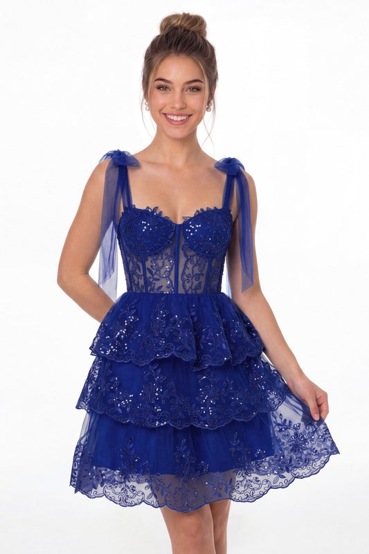 Royal Blue Tiered Bow Tulle Lace Mini Homecoming Dress - Front View