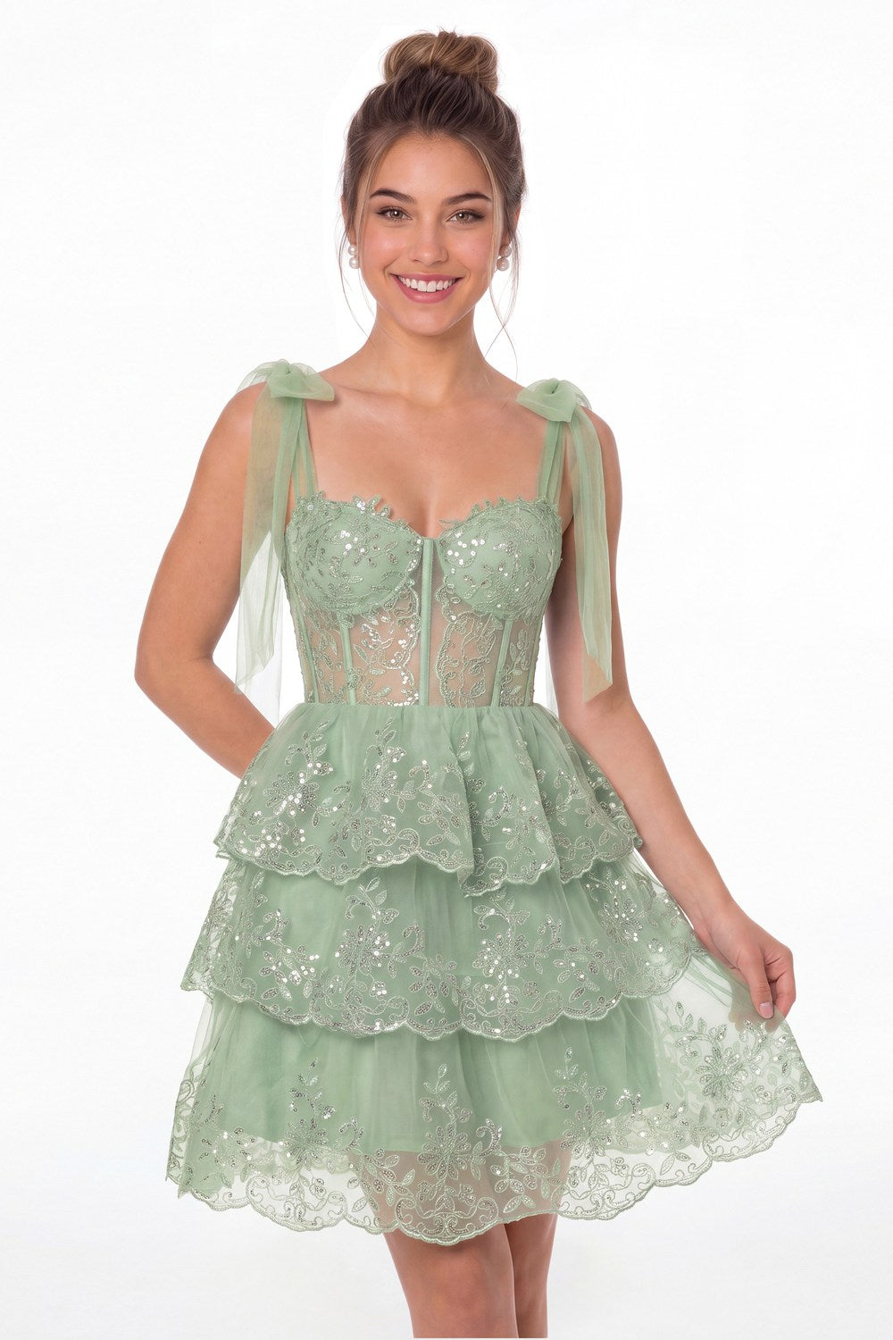 Sage Green Lace Tulle Tiered Mini Dress - Front View