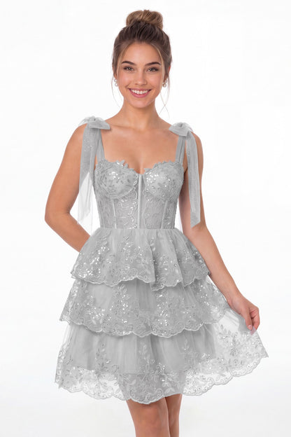 Silver Lace Tulle Tiered Mini Dress - Front View