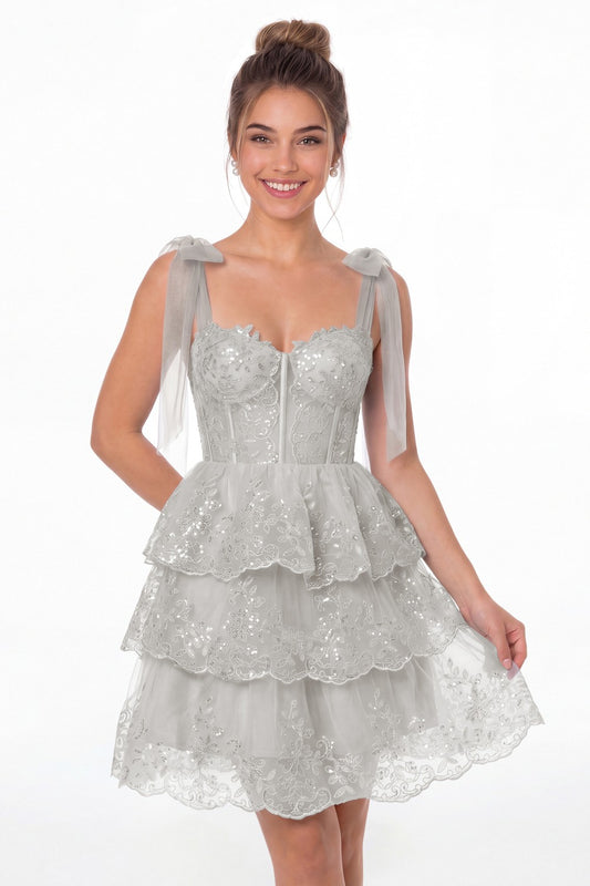 Silver Tiered Bow Tulle Lace Mini Homecoming Dress - Front View