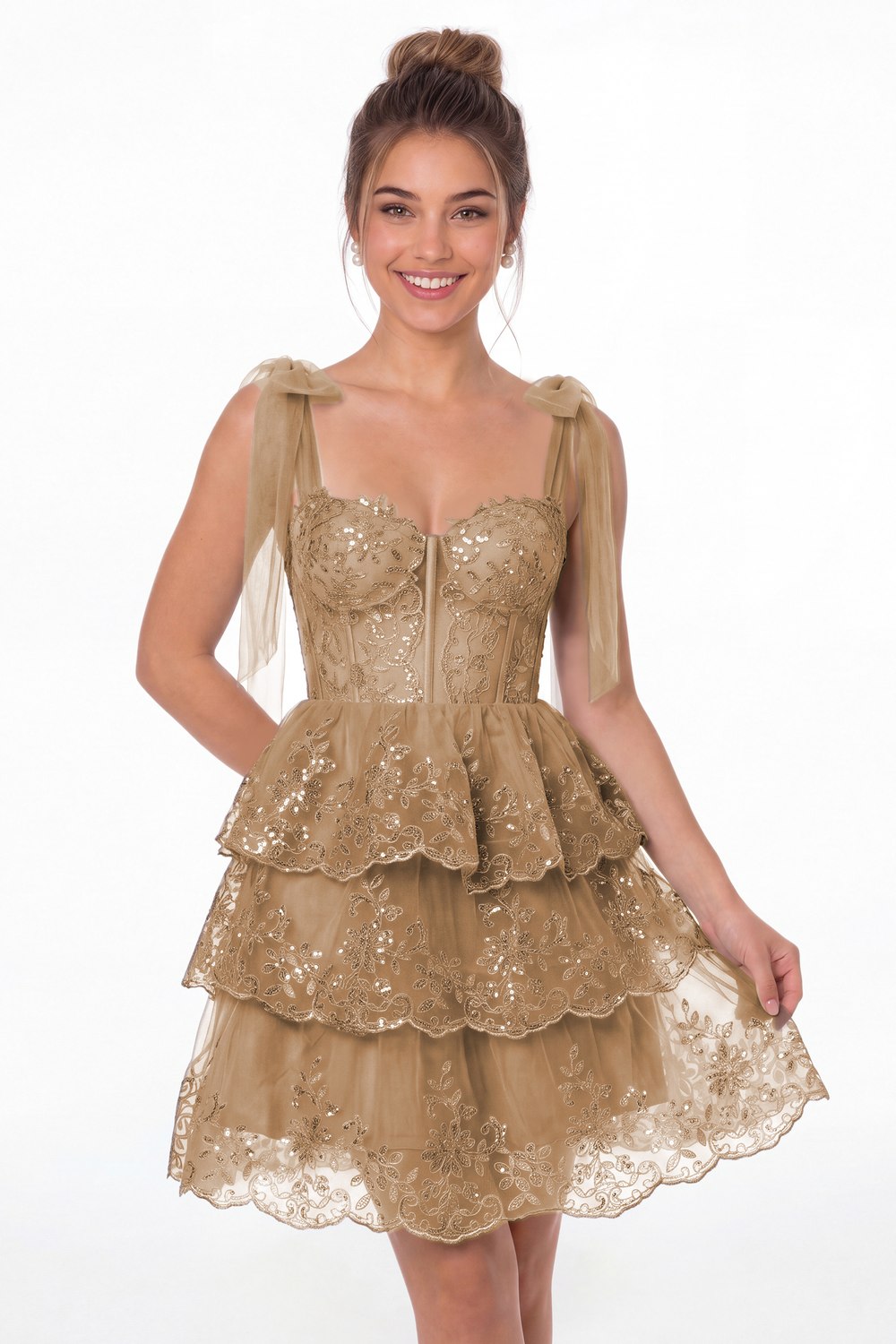 Taupe Lace Tulle Tiered Mini Dress - Front View