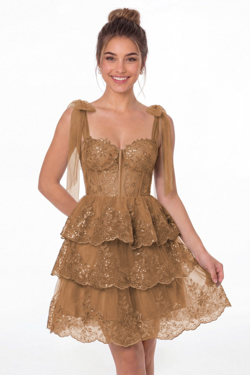 Taupe Tiered Bow Tulle Lace Mini Homecoming Dress - Front View