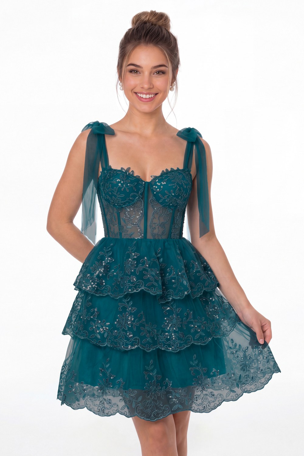 Teal Tiered Bow Tulle Lace Mini Homecoming Dress - Front View