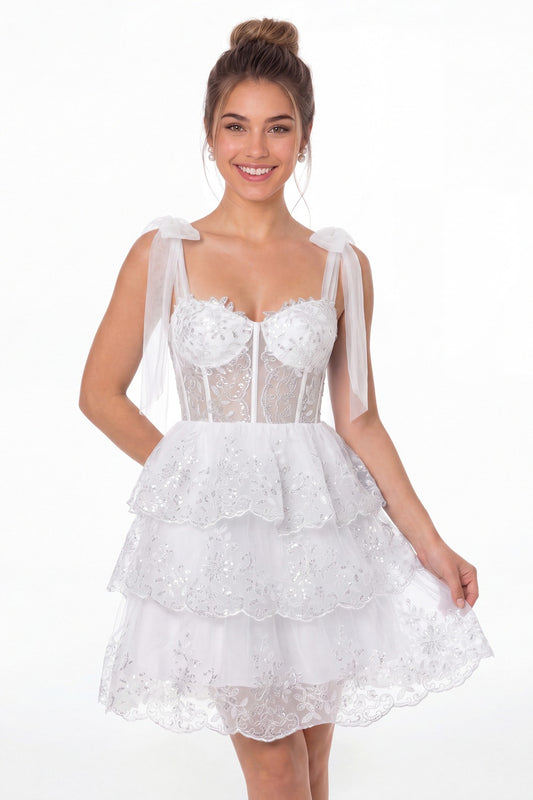 White Lace Tulle Tiered Mini Dress - Front View