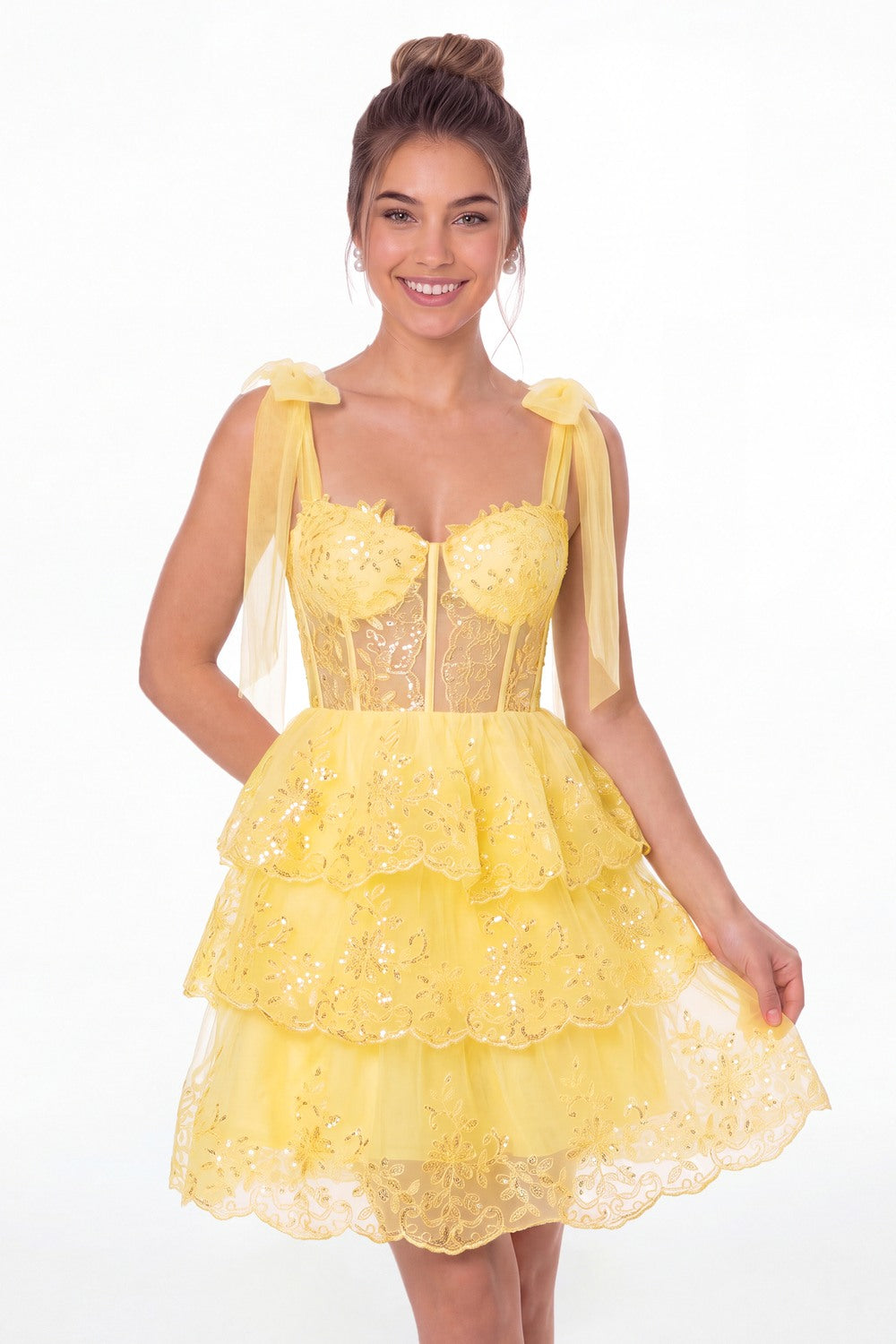 Yellow Lace Tulle Tiered Mini Dress - Front View