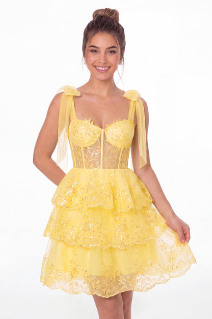 Yellow Lace Tulle Tiered Mini Dress - Front View