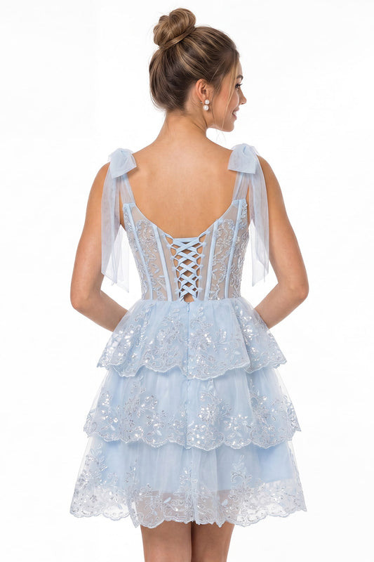 Aqua Blue Lace Tulle Tiered Mini Dress - Front View