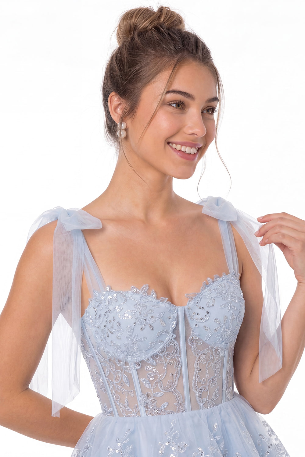 Lace Tulle Tiered Mini Dress - Detail View 1
