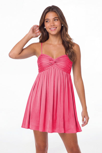 Hot Pink Ruched Satin Sweetheart Mini Dress - Front View