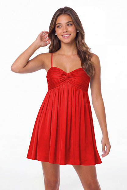 Red Ruched Satin Sweetheart Mini Dress - Front View