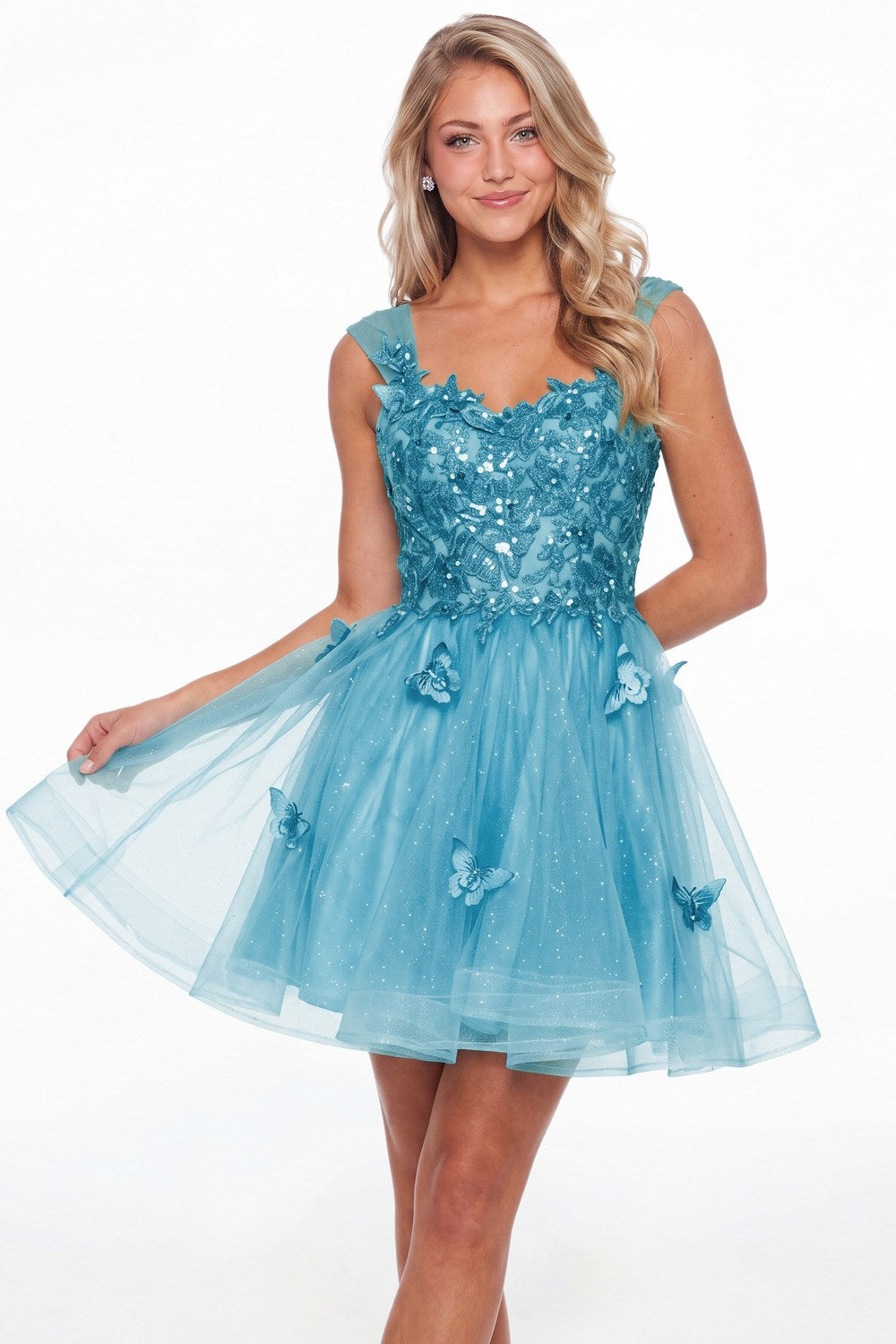 Aqua Blue Tulle Lace Applique Mini Dress - Front View