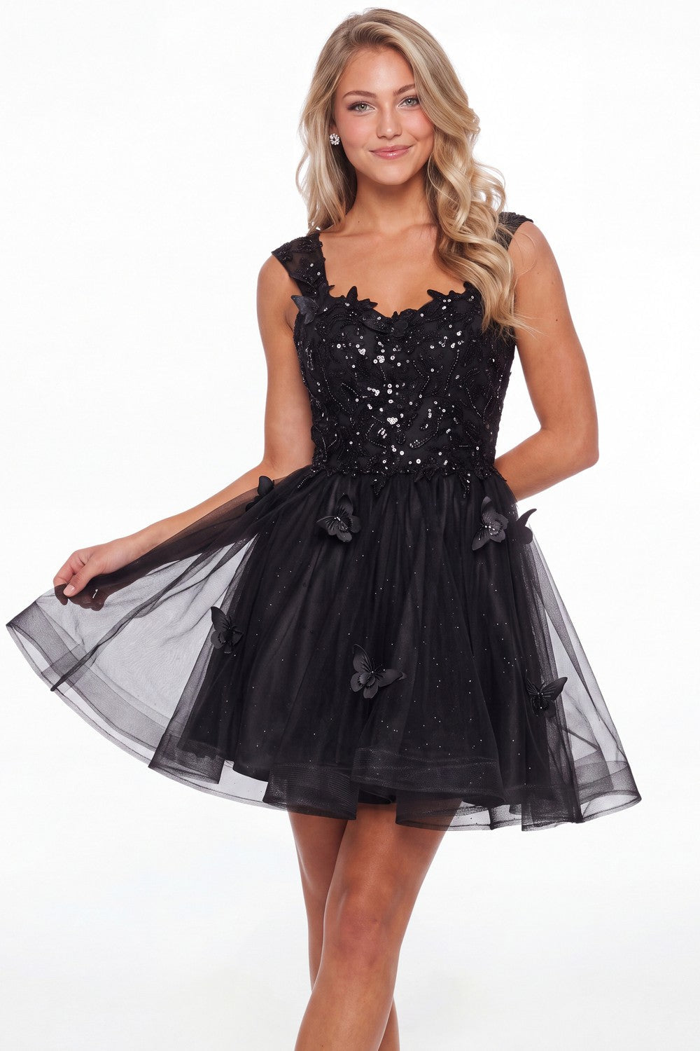 Black Tulle Lace Applique Mini Dress - Front View