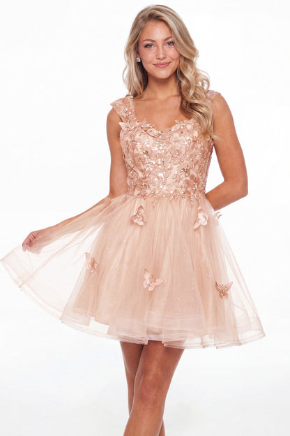 Blush Pink Tulle Lace Applique Mini Dress - Front View