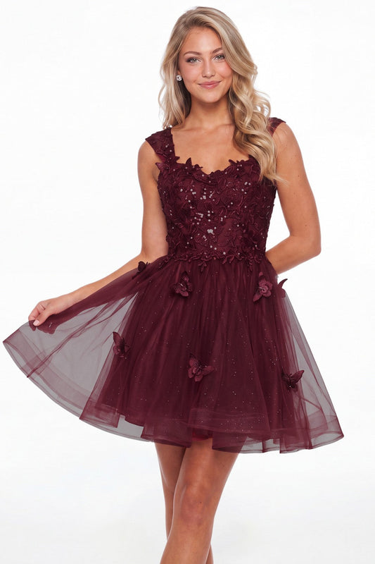 Burgundy Tulle Lace Applique Mini Dress - Front View