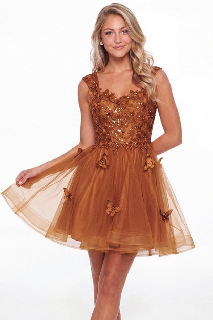 Burnt Orange Tulle Lace Applique Mini Dress - Front View