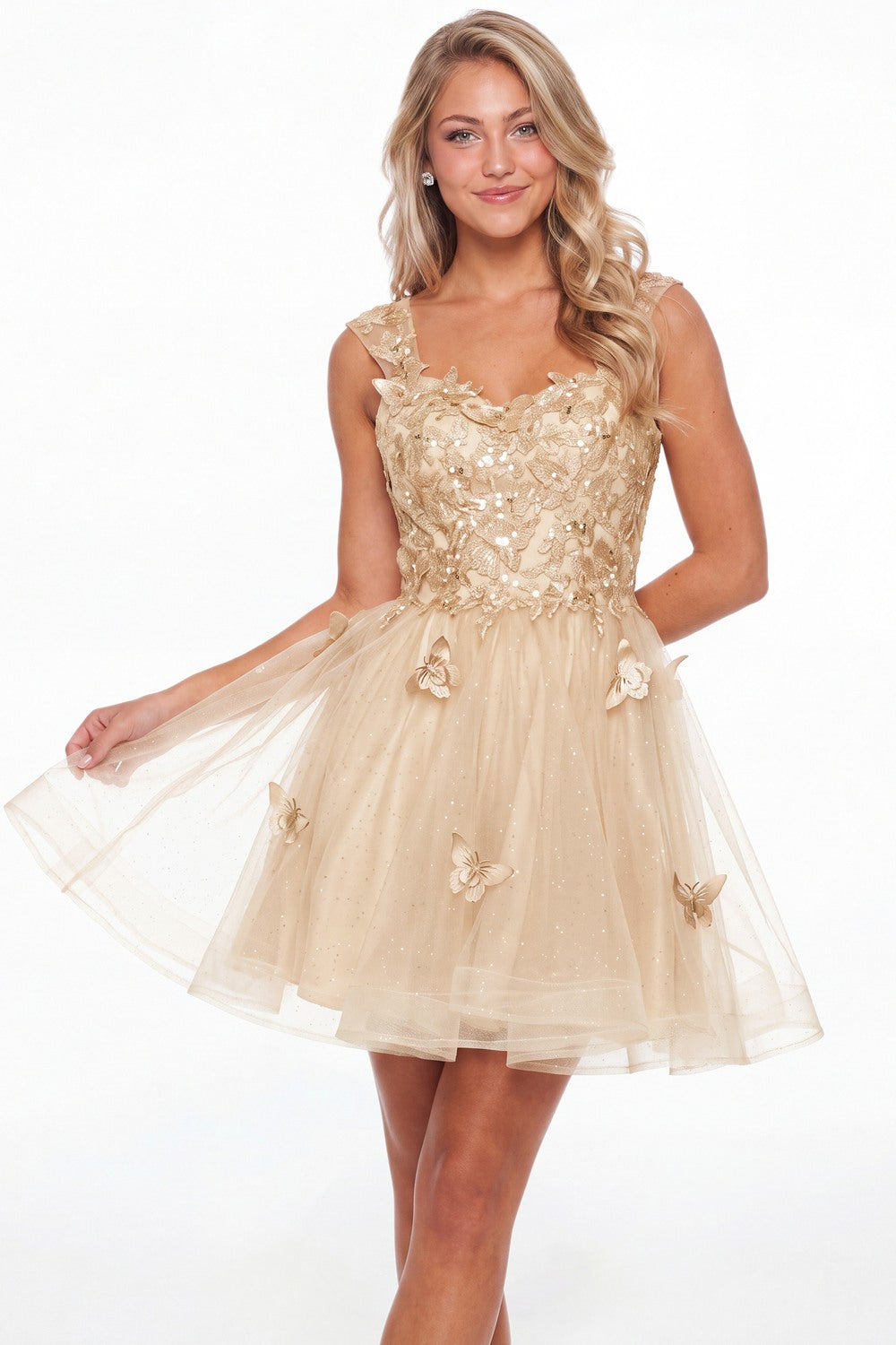 Champagne Tulle Lace Applique Mini Dress - Front View